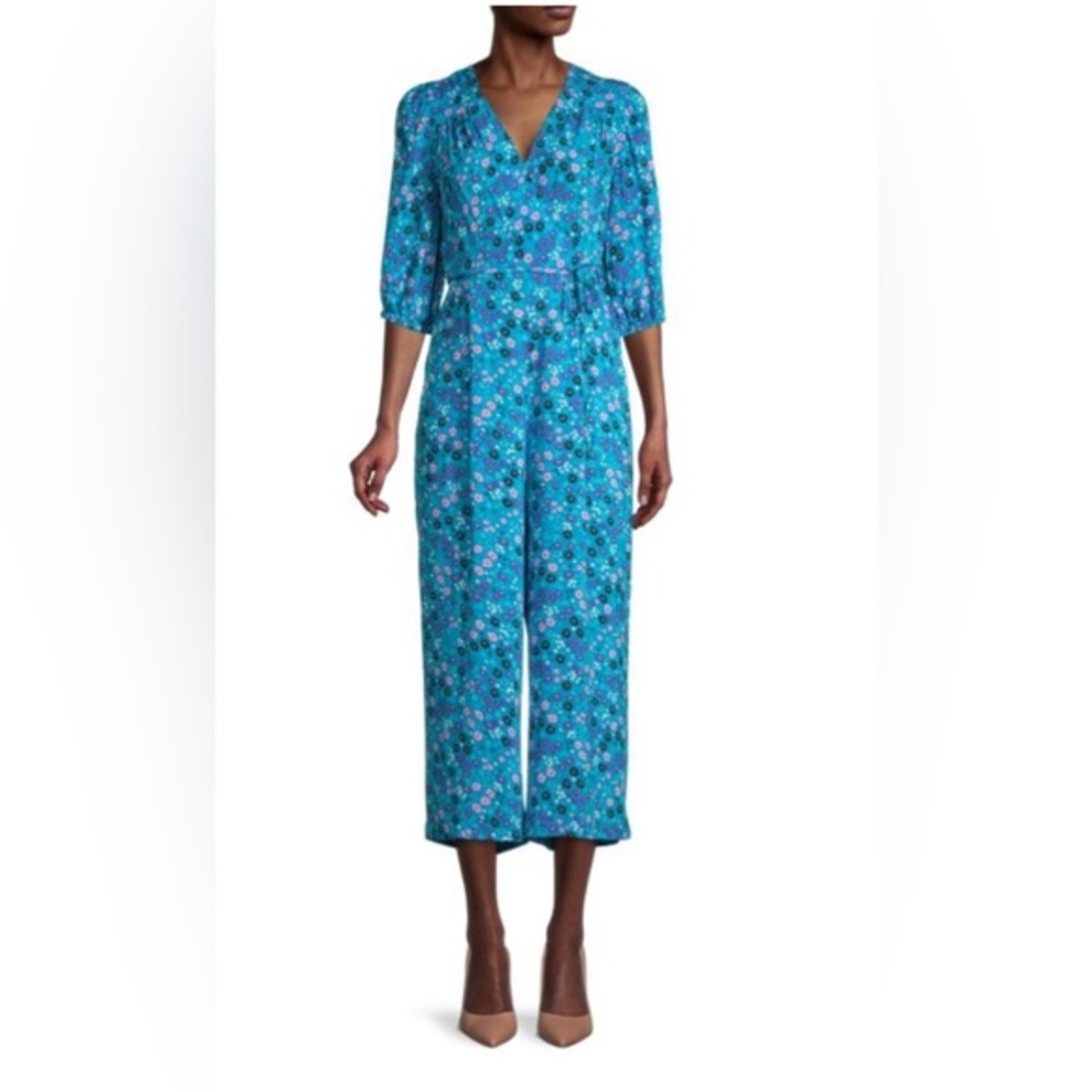 Calvin Klein blue‎ floral print v-neck Short Sleeve Cross Front Jumpsuit size 8